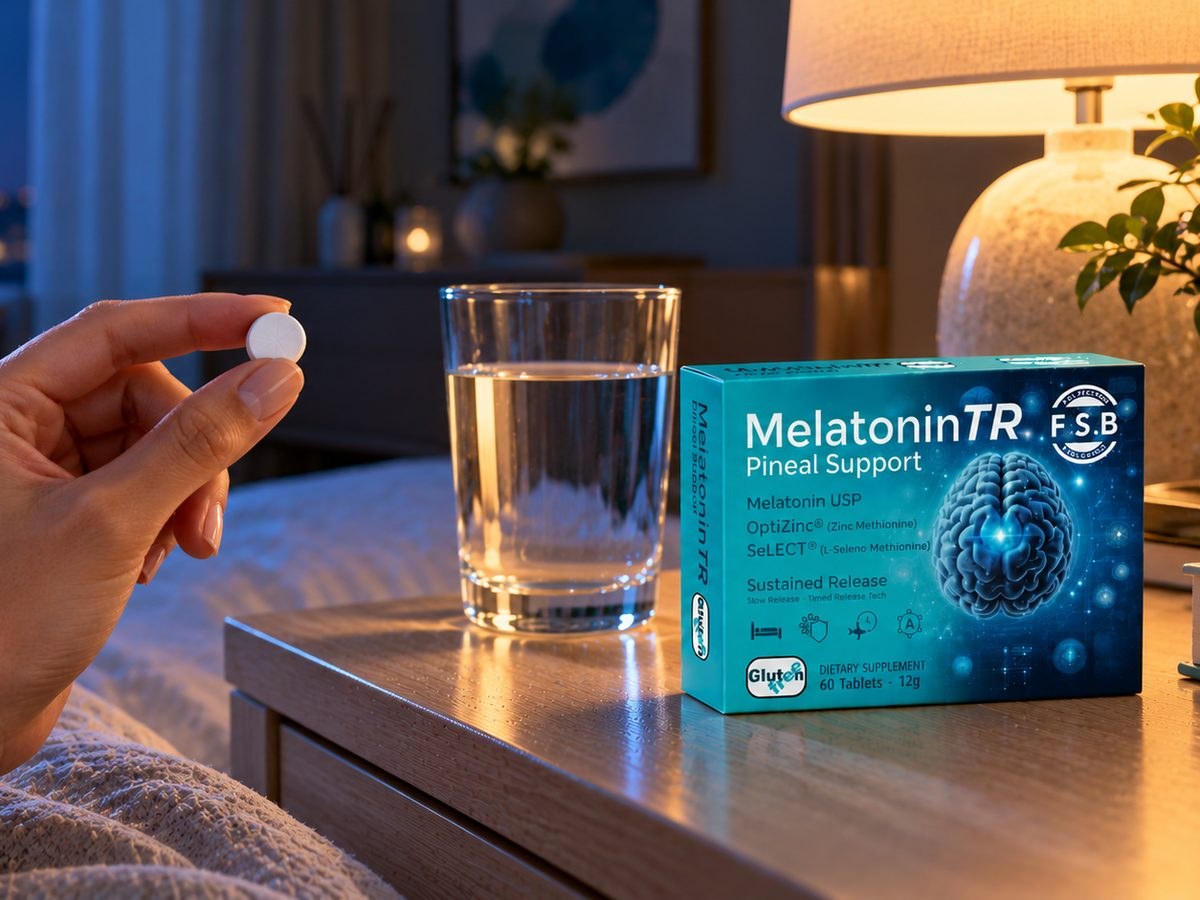 Mão segurando o comprimido do MelatoninTR ao lado de um copo de água e da caixa do produto
